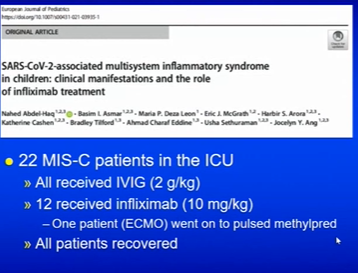 Dr. Tremoulet from UCSD on MIS-C Therapeutic Investigation: Most children need more than IVIG. Highlighted work from NYC, <a href="/DCPedsID/">DC Pediatric ID Fellows</a> <a href="/VirusDocDeBiasi/">Roberta DeBiasi</a>  and @ChildrensDMC