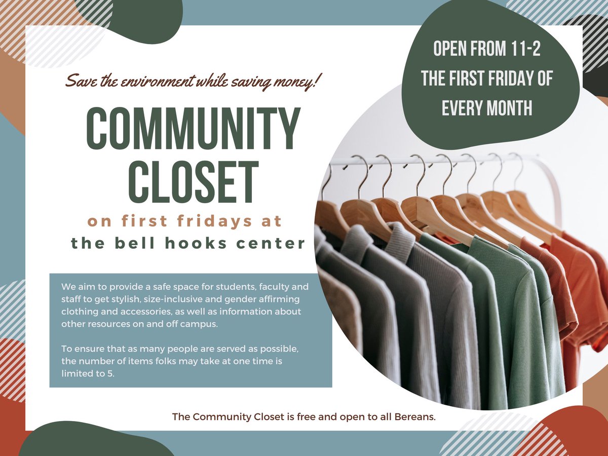 Shawna_Felkins's tweet photo. Come check out the grand opening of the new Community Closet on First Fridays at the bell hooks center from 11-2 today @bereacollege @WGSBerea https://t.co/nuJNPN67Vx
