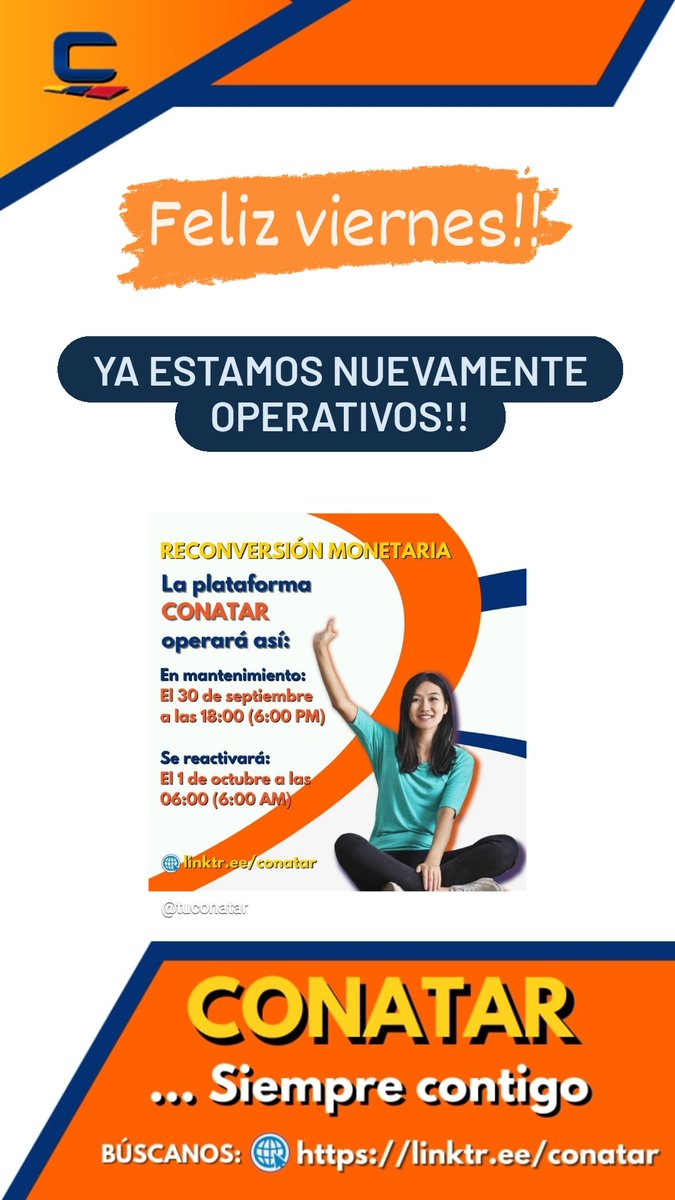TuConatar's tweet photo. #FelizViernes ya en #Conatar estamos activos!
Bancos: Provincial y Banesco operativos
Telefonías: #Movistar y #SimpleTV ya están activas con las recargas! https://t.co/a67w81mI7z