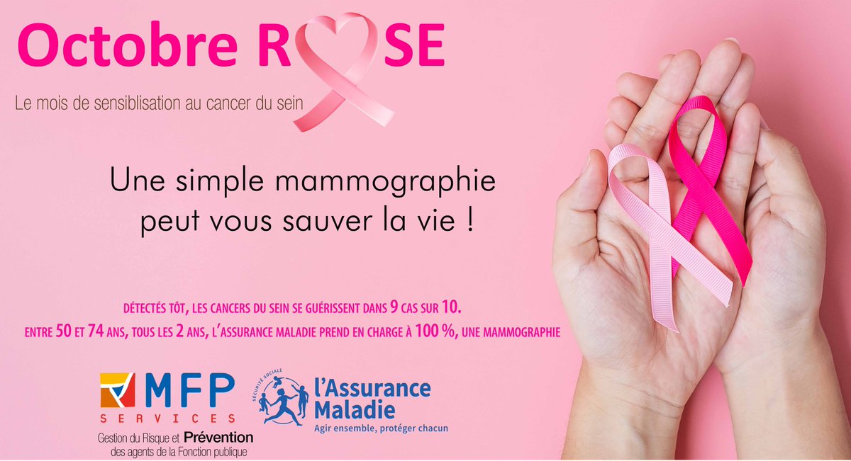 #octobrerose.Une mère, une épouse, une fille, une sœur, une amie, une collègue...chacun d'entre nous a été touché. Alors en ce premier jour d'octobre, un "simple" rappel pour la prévention. L'assurance maladie rembourse à 100 % l'examen de dépistage à partir de 50 ans.#prevention