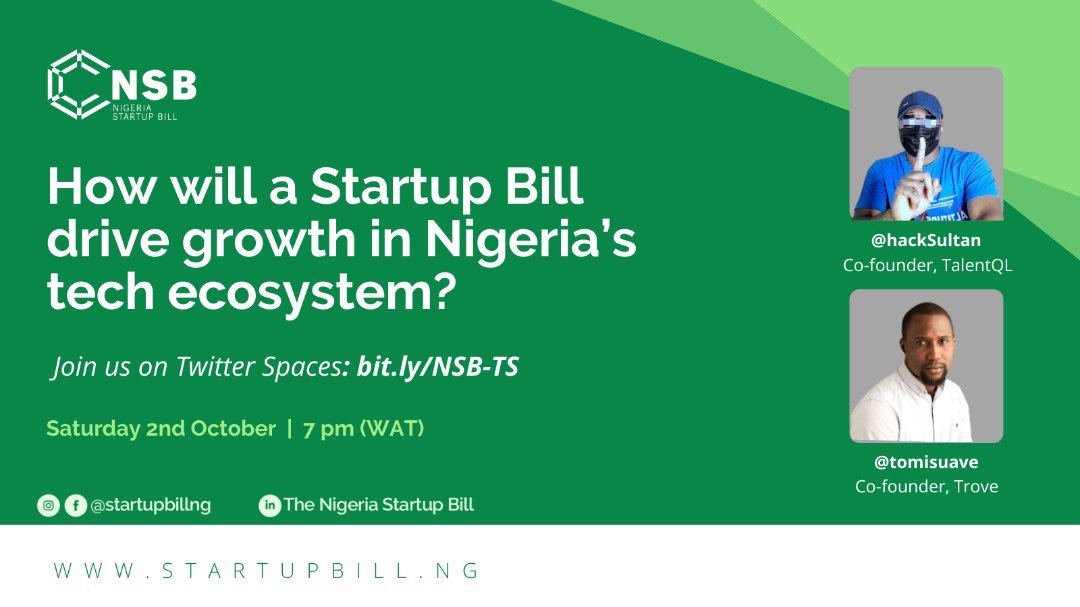 Name cannot be blank (@hacksultan) on Twitter photo 7 PM Saturday, 2nd October 2021 I will be hosting a conversation on @TwitterSpaces featuring <a href="/tomisuave/">Oluwatomi Solanke</a> and members of the Nigeria Startup Bill to discuss the topic “How will a Startup Bill drive growth in Nigeria’s tech ecosystem?”
Space link in the second tweet below 👇🏾 7 PM Saturday, 2nd October 2021 I will be hosting a conversation on @TwitterSpaces featuring <a href="/tomisuave/">Oluwatomi Solanke</a> and members of the Nigeria Startup Bill to discuss the topic “How will a Startup Bill drive growth in Nigeria’s tech ecosystem?”
Space link in the second tweet below 👇🏾