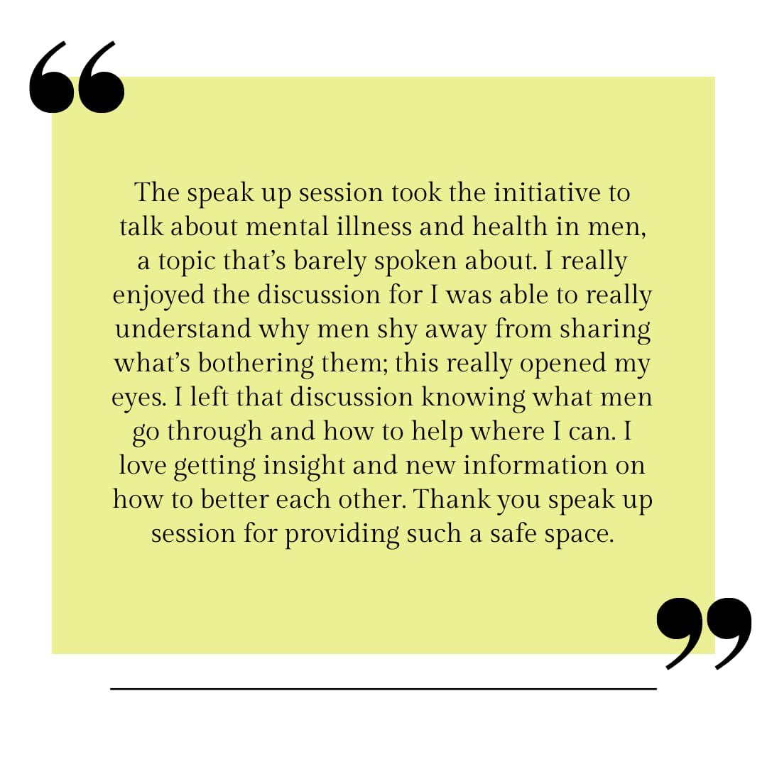 speakupsession's tweet photo. On the 18th of September we hosted a Speak Up Session in which the topic was “Mental Illness in Men” 

Here is some of the feedback from our participants ✨ https://t.co/2te7VbErEQ
