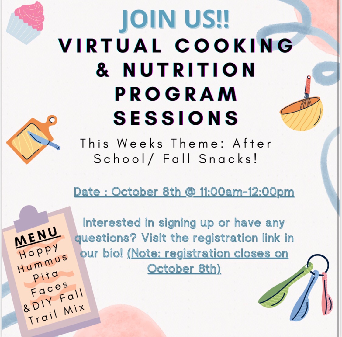 ecs_resource's tweet photo. Are you interested in making yummy and nutritious snacks with your family?  Join our live Zoom Session on ‍‍‍‍Friday, October 8th at 11am to create healthy and nutritious yummy meals for yourself and your child! @DrNikkiMartyn @MerendaElena  https://t.co/ll5Ailkw4m https://t.co/0Y7Zn0gEQf