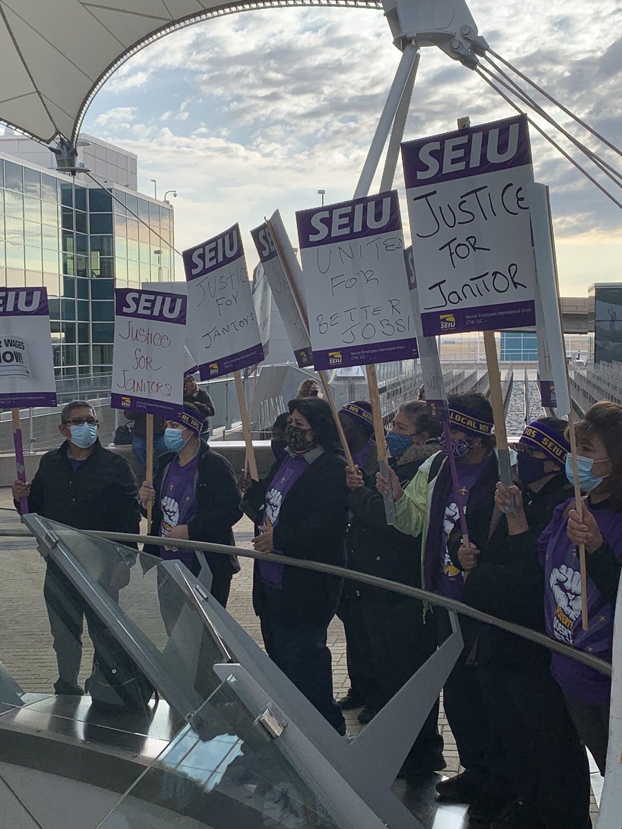 SEIU105's tweet photo. We keep Denver’s airport running safely. We will be respected, protected, and paid. #DIAJanitorsStrike https://t.co/EsqqrHWomL