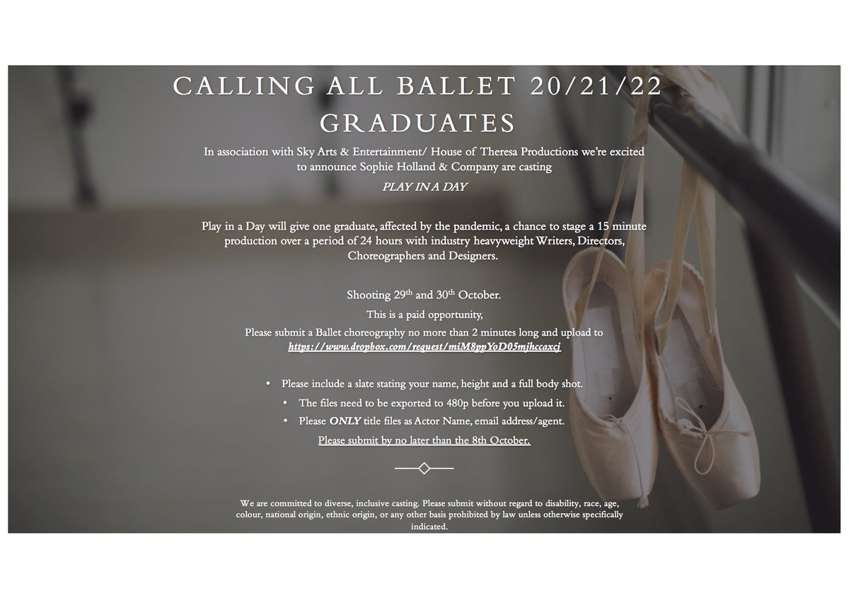 Team #Ballet needs you. (Poor #ChandraRuegg and I have had ONE submission. A brilliant submission but just the one none the less) 
Do you know anyone who graduated from a dance school during the pandemic that would like to have this opportunity? Please #RT