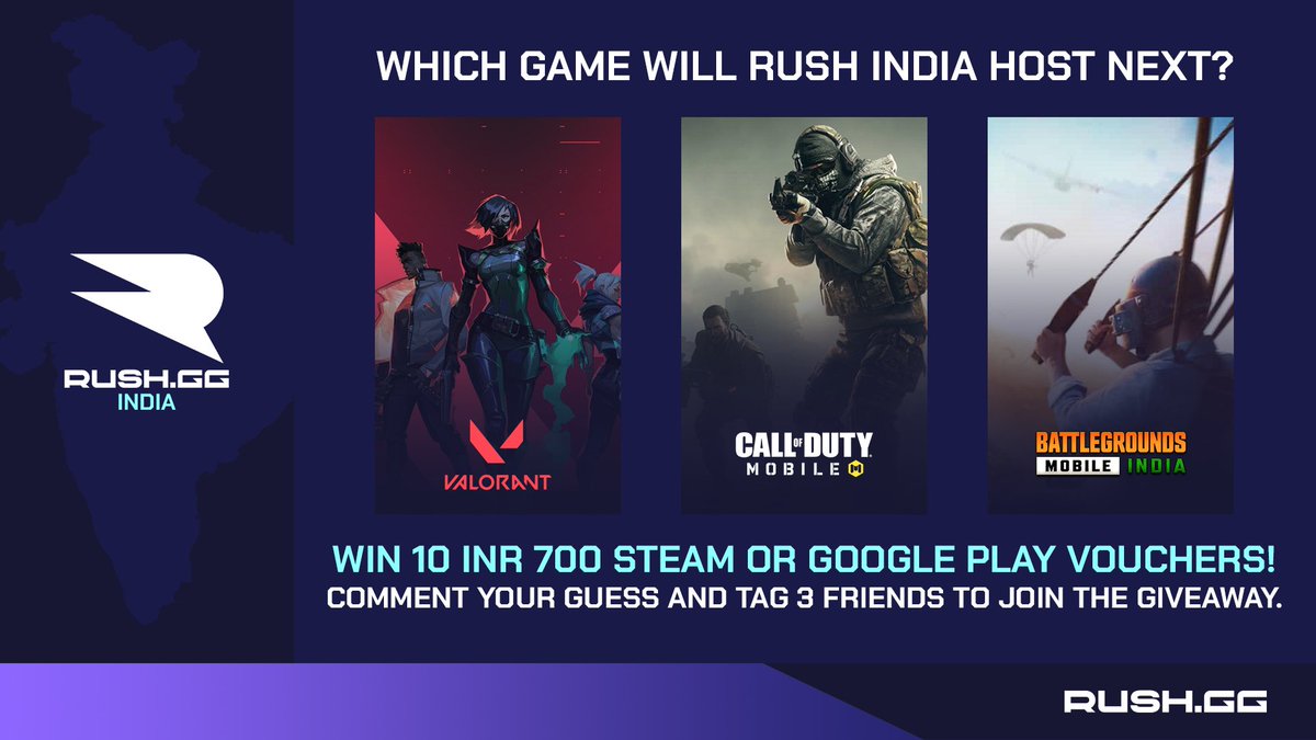 RUSHGGIndia's tweet photo. ITS GIVEAWAY TIME 🥳����
We're approaching a new challenge... Which game do you think will #RUSHIndia host next?
1⃣ Comment your guess
2⃣ Tag 3 friends
3⃣ Win one of 10 #Steam or #GooglePlay vouchers!
Good luck! ✌️ https://t.co/I33PwFgcsV