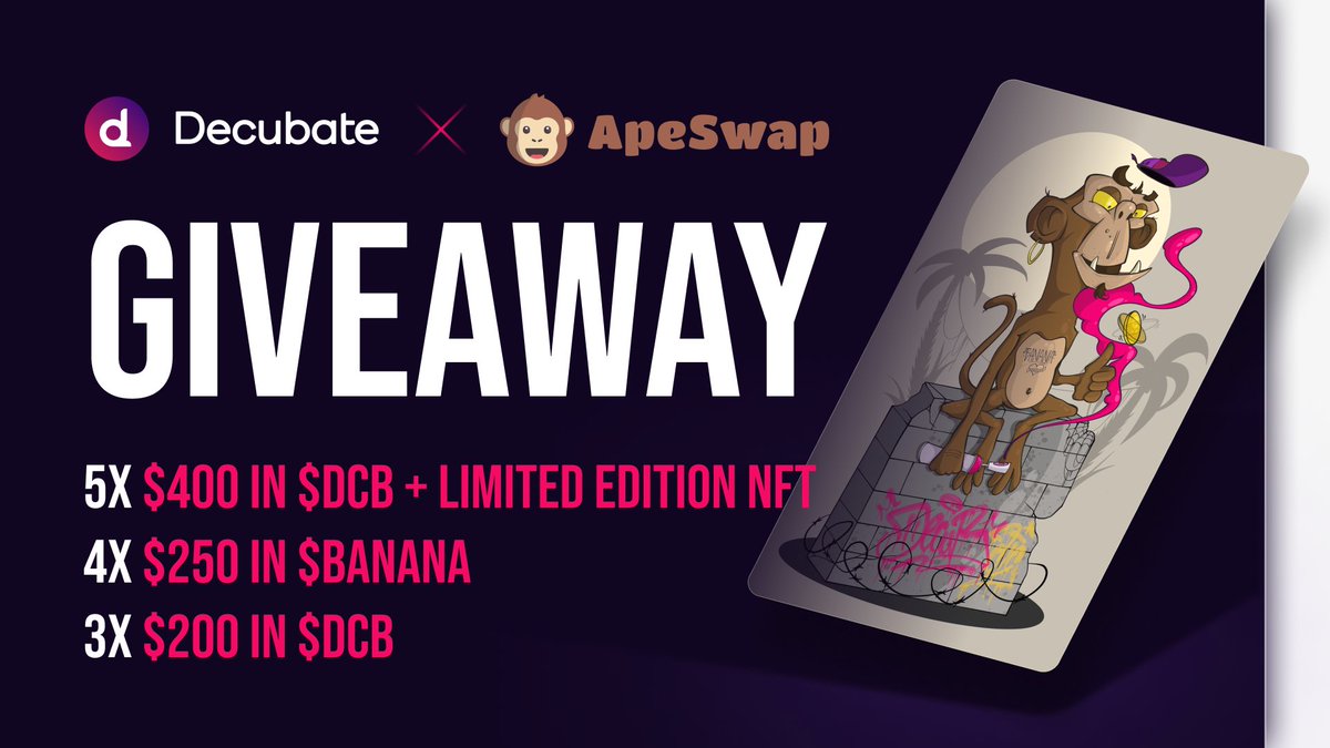 #Decubate x #ApeSwap Gleam Giveaway!

🐵 Decubate partners with <a href="/ape_swap/">ApeSwap (old handle)</a> 
💰 $3,600 in rewards
🖼️ 5 limited edition NFTs
⬇️ 13+ ways to enter

gleam.io/qTnUQ/apeswap-…