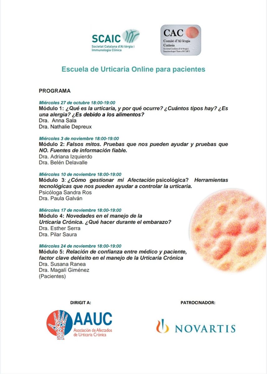 Amb motiu del #DiaMundialDeLaUrticaria
Volem compartir amb vosaltres el programa provisional de la #EscolaUrticaria per a pacients que ha organitzat el <a href="/CACscaic/">CAC SCAIC</a> conjuntament amb <a href="/UrticariaCronic/">Urticaria Crónica</a>
Interessats, en breus donarem info sobre la inscripció gratuïta! 
#Urticaria