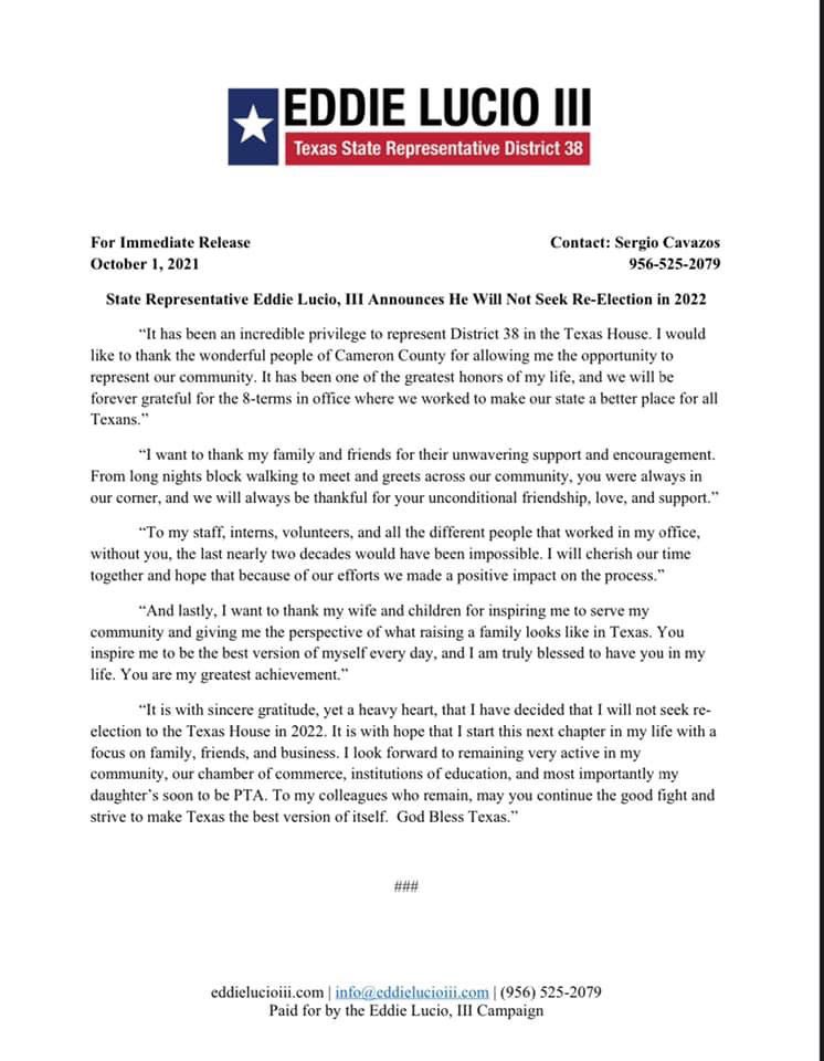 Thank you to the wonderful people of Cameron County for allowing me the opportunity to represent our community. #txlege