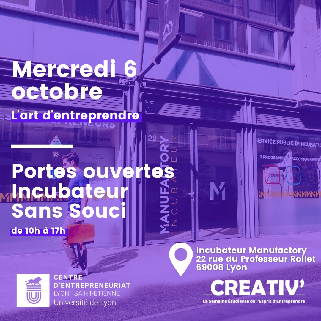 [#événement] Dans le cadre de Creativ’, la semaine #etudiante de l’esprit d’#entreprendre, l’incubateur Manufactory Sans Souci <a href="/Manu_Incub/">Manufactory-Centre Entrepreneuriat Lyon St-Etienne</a> ouvre ses portes aux étudiants le mercredi 6 octobre de 10h à 17h. 
 👉 clic.univ-lyon3.fr/h/portes-ouver…