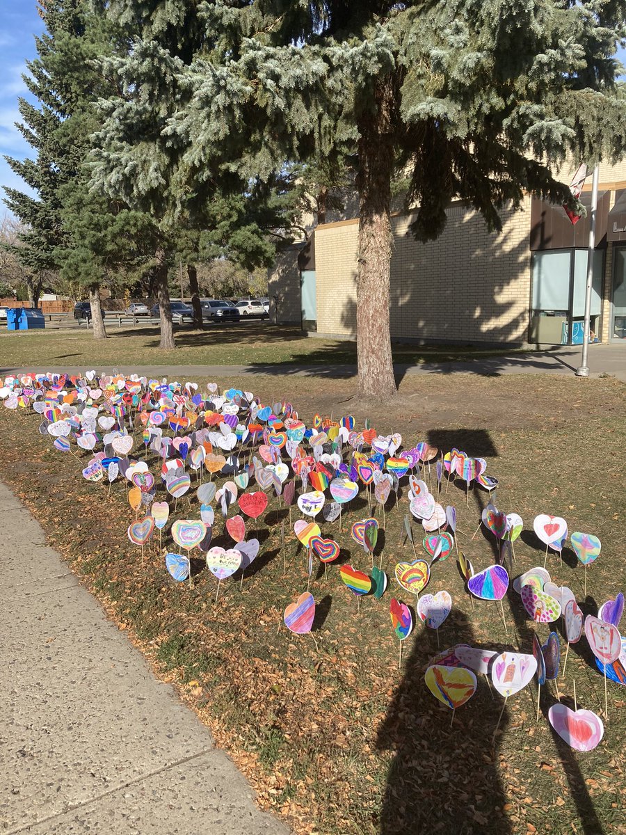 We honour Truth and Reconciliation by planting our heart garden.  Like each residential school student, each heart is beautiful, unique and important.  Every Child Matters.  #OrangeShirtDay2021 #TruthAndReconciliation #heartgarden #knownvaluedbelievedin #spslearn.