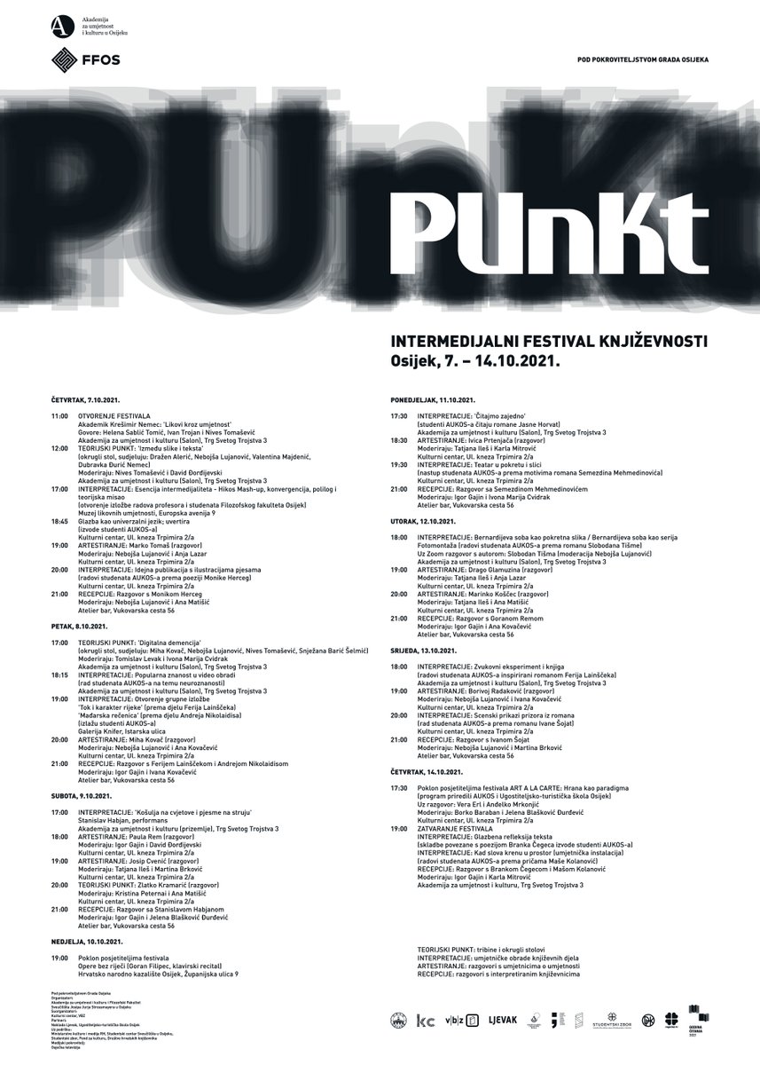 Intermedijalni festival književnosti PUnKt premijerno se održava od 7. do 14.10.2021. uaos.unios.hr/punkt-intermed… #art #festival #literature #intermedial #culture #osijek #osijefulloflife #aukos