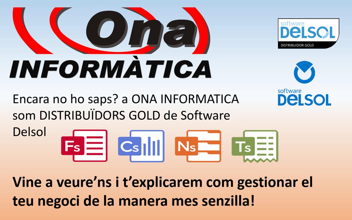 Ona_Informatica's tweet photo. a Ona informàtica som distribuïdors Gold de Software Delsol, visita'ns i t'assessorarem de com millorar en la gestió de documents de la teva empresa
#facturació #comptabilitat #controlvendes #factusol #contasol #tpvsol #softwaredelsol @botiguers_agramunt https://t.co/KEXI9Dldlg