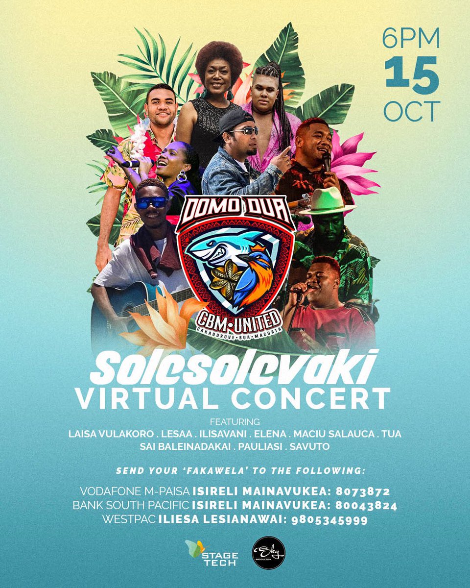 cbmunitedfiji's tweet photo. Big Vina’a va’alevu to our sponsors for the night.
@StageTechFiji for helping out artists with their video production and setting.
Not forgetting #SkyProduction for hosting our webinar on Zoom and Facebook.
#CBM_United #DomoDua https://t.co/FdQ7ru6xl8