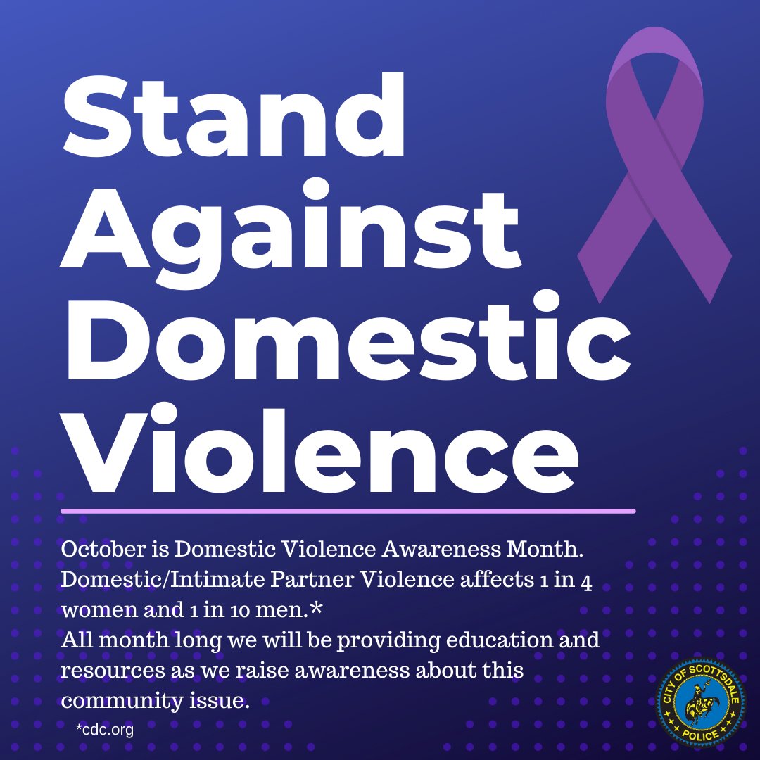 ScottsdalePD's tweet photo. October is Domestic Violence Awareness Month. The Scottsdale Police Department is raising awareness all month long with the hope to inform the community and discuss ways we can help & support those who are affected by it.💜
#ThisIsDV #EndDVinAZ #Every1KnowsSome1 #DVAM2021 https://t.co/G6qfwaMQwy