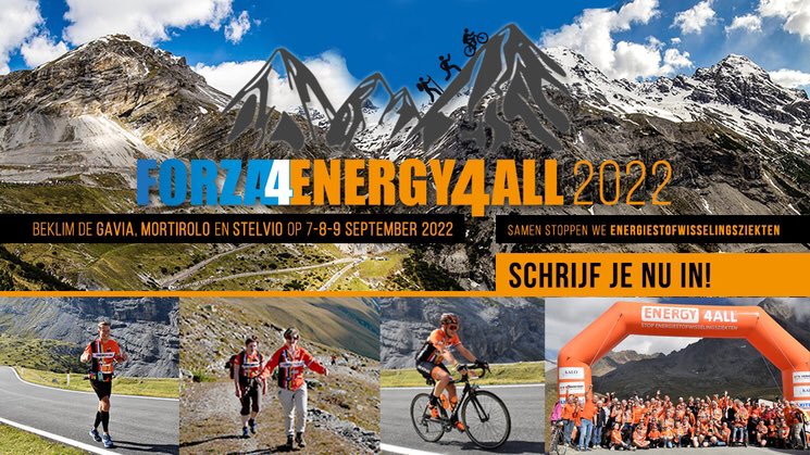De inschrijving voor Forza4Energy4All 2022 is gestart! Fiets, hardloop en:of wandel met ons deze machtige prachtige bergen op: de GAVIA, MORTIROLO en STELVIO. Voor kinderen met een energiestofwisselingsziekte All je energie geven 💚 forza4energy4all.nl