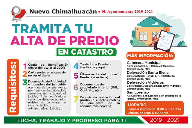 ChimalhuacanSi's tweet photo. #Aprovecha  
Tramita tu alta de predio 
Horario de atención: lunes a viernes de 9:00 a 15:00 horas y sábados de 9:00 a 13:00 horas. https://t.co/5ED6MOm2po