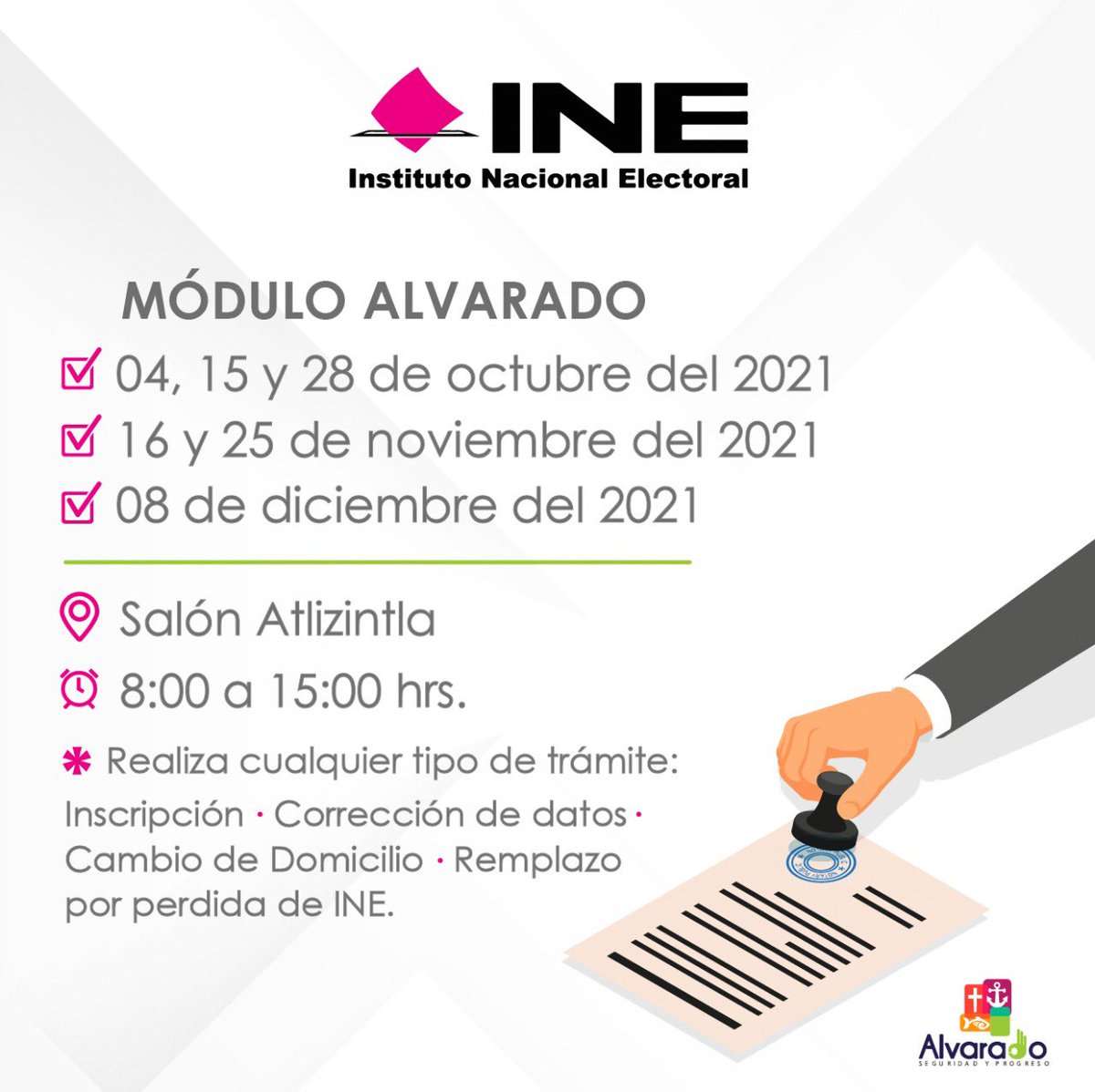 imprentaeditxa's tweet photo. ⚠️ATENTO AVISO ⚠️
El módulo del INE visitará nuestro municipio, te compartimos las fechas y horarios correspondientes. 👇🏻👇🏻
#INE
#Alvarado
#SeguridadYProgreso https://t.co/KE2be9CGyQ
