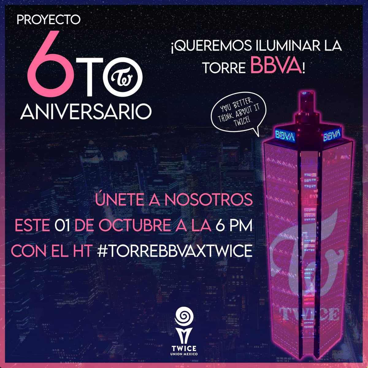 TWICE_Mexico's tweet photo. Proyecto 6to Aniversario🍭

¡Hagámos notar a #TWICE! 

📢Hoy tenemos una cita en punto de las 6pm

ONCE no olviden hacer tendencia con los hashtags:
#TorreBBVAxTWICE 
#TWICE1stEnglishSingle 
#오후1시_트와이스_더필즈 
#MásVerdeEInclusivo

Lo lograremos de 6 a 7 PM 🥰 https://t.co/MPCUztBbSo