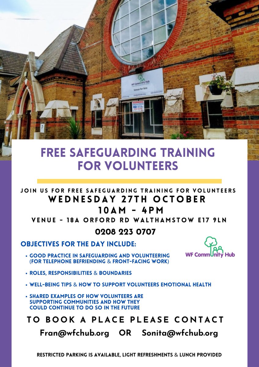 wfchub's tweet photo. A wonderful &amp; important opportunity for FREE #safeguarding #training for all local #volunteers from all around the community &amp; all organisations! Delivered in-house by our amazing experienced staff at Waltham Forest Community Hub! Book your place fast - 1st come-1st served basis! https://t.co/IRnC4pqaw3