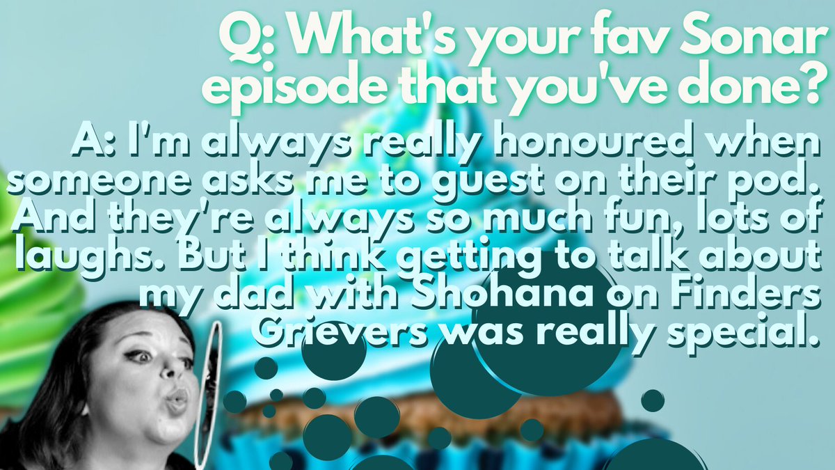 thesonarnetwork's tweet photo. 🟡 Q: What's your fav Sonar episode that you've done?
🟣 A: I'm always really honoured when someone asks me to guest on their pod. And they're always so much fun, lots of laughs. But I think getting to talk about my dad with @soleahm on @findersgrievers was really special. https://t.co/ZLjzou4lLE