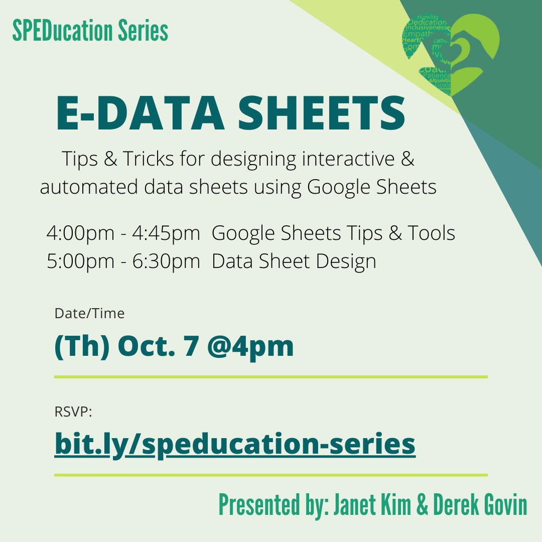 Some1Special808 (@some1special808) on Twitter photo Love to take data? Learn tips and tricks for designing interactive and automated data sheets using Google sheets with Speducators <a href="/derek_govin/">Derek Govin</a> and <a href="/SpEdRecruitment/">SPED Recruitment Specialist</a> this Thursday, October 7th at 4pm!
Sign up NOW! bit.ly/speducation-se… Love to take data? Learn tips and tricks for designing interactive and automated data sheets using Google sheets with Speducators <a href="/derek_govin/">Derek Govin</a> and <a href="/SpEdRecruitment/">SPED Recruitment Specialist</a> this Thursday, October 7th at 4pm!
Sign up NOW! bit.ly/speducation-se…