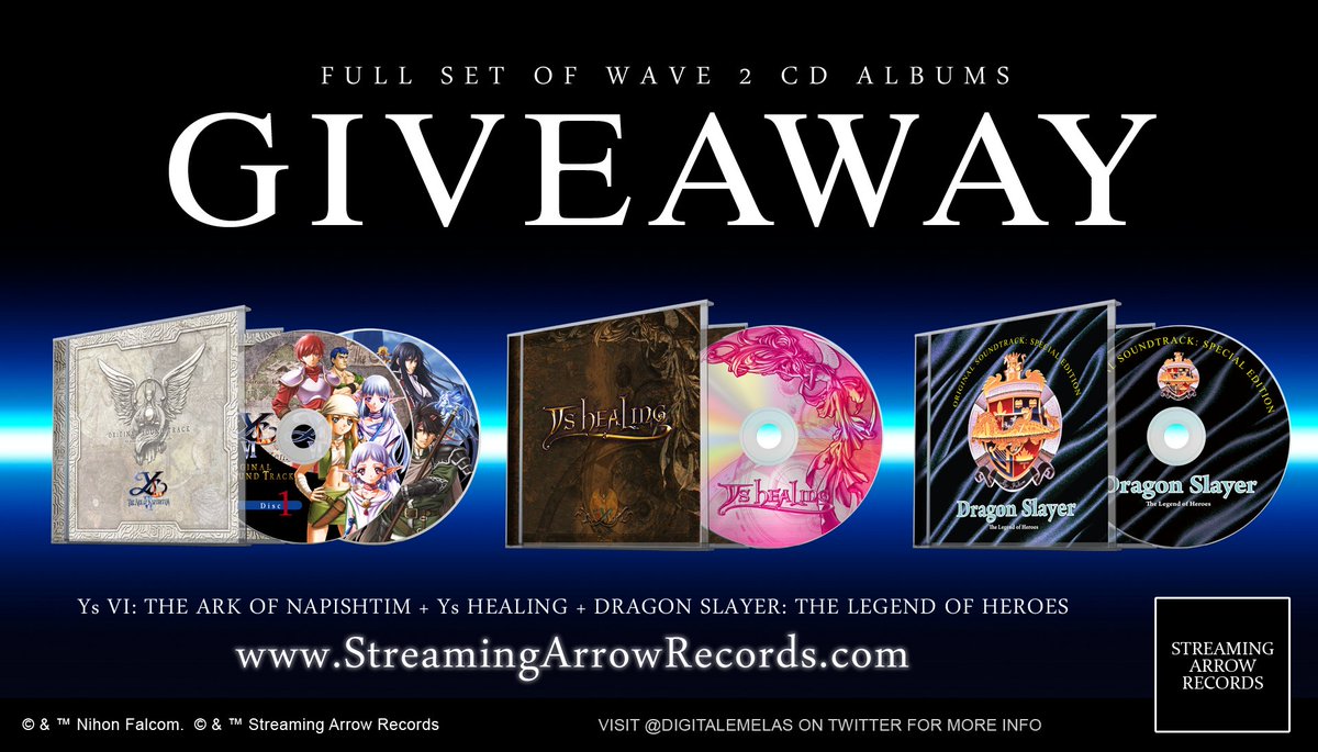 DigitalEmelas's tweet photo. #Giveaway time!
We're teaming up with Streaming Arrow Records again to spread awareness of #Ys &amp; #TheLegendOfHeroes. Win a FULL SET of Wave 2 #CD albums by Falcom Sound Team jdk.

▶️ Follow @DigitalEmelas + @STARROW_Records
▶️ Tag a friend
▶️ Retweet by Oct 6, 2021. 8pm EST https://t.co/HXfSiLqYyY