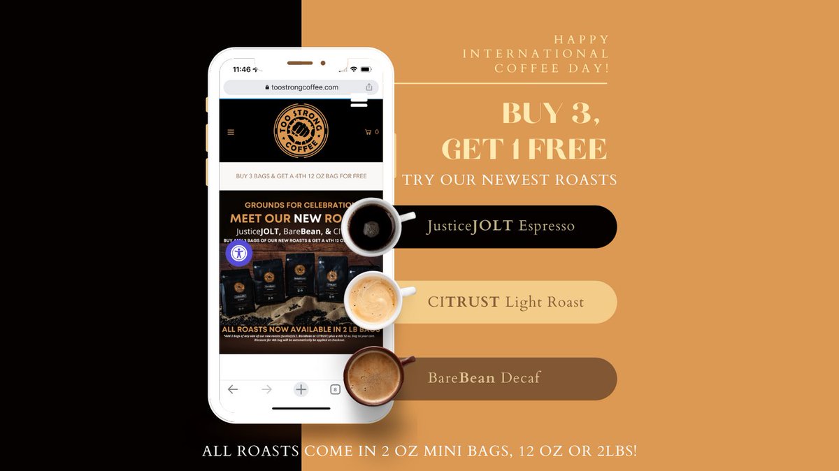 TooStrongCoffee's tweet photo. Happy International Coffee Day! Celebrate with BUY 3, GET 1 12 OZ. BAG FOR FREE
SHOP: https://t.co/sgvaHIPXJo

Check Out Our 3 NEW Roasts:

JusticeJOLT - Espresso, Dark Roast
CITRUST - Light Roast
BareBean - Decaf, Medium Roast

#internationalcoffeeday #coffee #coffeedeals https://t.co/TT9Gr22HLa