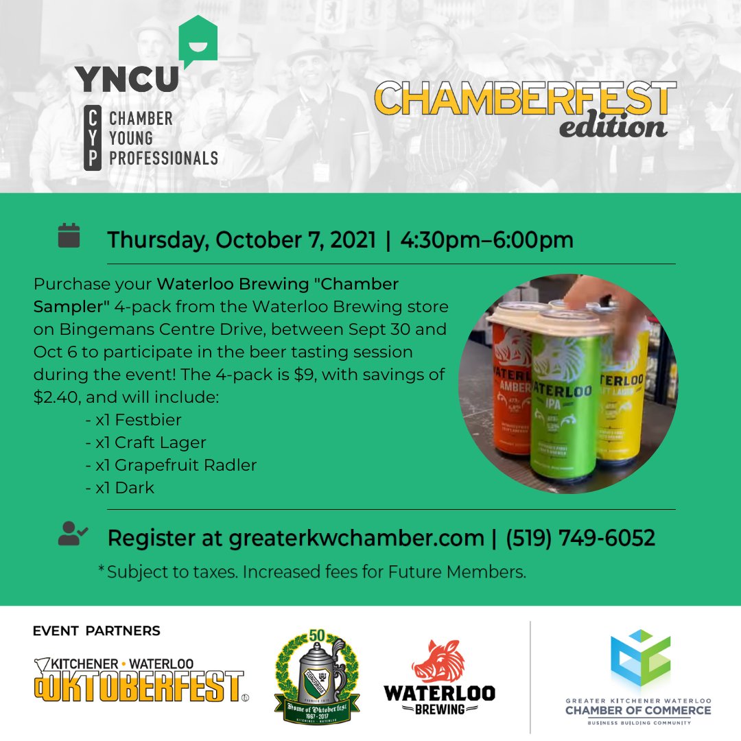 <a href="/YourNCU/">YNCU</a> <a href="/KWCYP/">KWCYP</a> CHAMBERFEST Edition is one week away! 📅
Our friends at @WaterlooBrewing have created a "Chamber Sampler" 4-pack between today (September 30) - October 6 to participate in the beer tasting session during the event. 🍻
Event registration: bit.ly/3zwyIWY