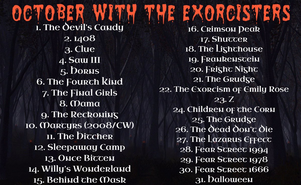 theexorcisters's tweet photo. HAPPY OCTOBER, FRIENDS! Here is our annual 31 days of spooky movies! 🎃👻🕷💀🖤🧡  

 #horror #horrormovie #horrorfilm #scary #creepy #spooky #podcast #podcasting #shortstory #scarymovie #spookyseason #october #31daysofhalloween #halloween #halloweenmovies #fall https://t.co/wF0Dt7Nt29