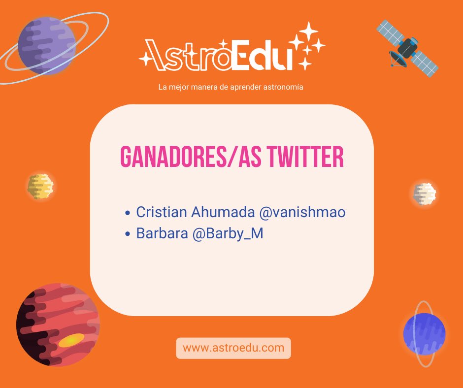 astroeducom's tweet photo. Felicitamos a los ganadores y ganadoras del concurso de 20 suscripciones mensuales full a https://t.co/ijxRev9a8H

Sorteo Twitter:
1. Cristian Ahumada @vanishmao
2. Barbara @Barby_M* 

*Pd: Víctor Labraña no cumplía con comentar las ✨ así que reemplazamos al ganador/a. https://t.co/Io3shD4V1k