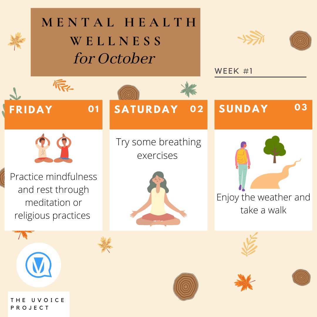 SOSatUTSC's tweet image. Check out the mental wellness challenge from the UVoice Project. Learn about ways to take care of your mental health with daily reminders during the month of October.

#mentalwellness #mentalhealthmatters