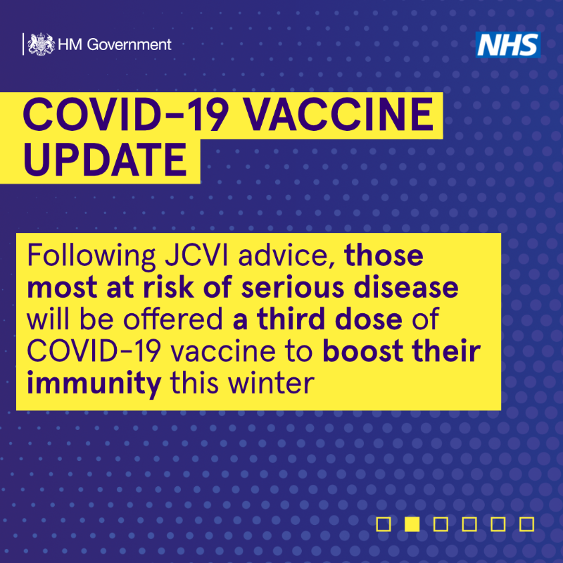 DHSCgovuk's tweet photo. Booster jabs are being offered to people who are most at risk from #COVID19 and had their second dose at least six months ago.

This includes:

🟪 adults aged 50 or over
🟪 frontline health &amp; social care workers
🟪 care home residents

Find out more 👇