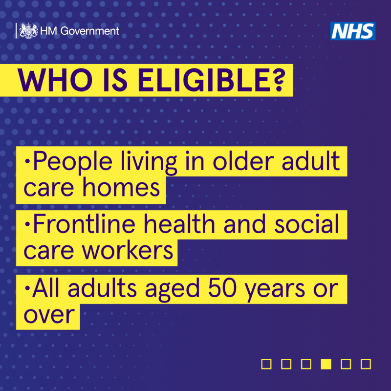 DHSCgovuk's tweet photo. Booster jabs are being offered to people who are most at risk from #COVID19 and had their second dose at least six months ago.

This includes:

🟪 adults aged 50 or over
🟪 frontline health &amp; social care workers
🟪 care home residents

Find out more 👇