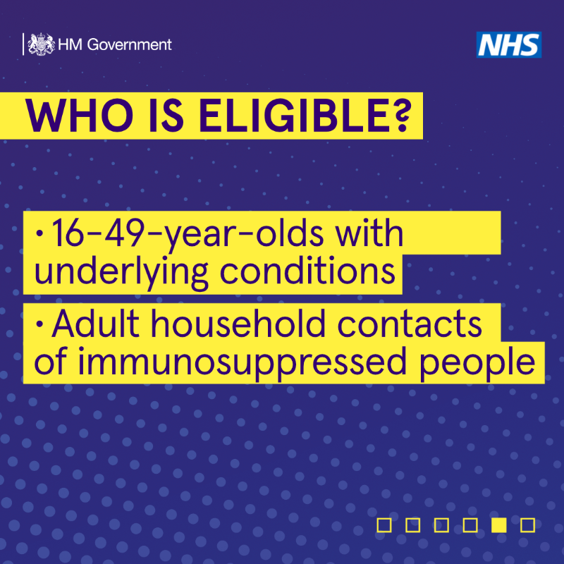 DHSCgovuk's tweet photo. Booster jabs are being offered to people who are most at risk from #COVID19 and had their second dose at least six months ago.

This includes:

🟪 adults aged 50 or over
🟪 frontline health &amp; social care workers
🟪 care home residents

Find out more 👇