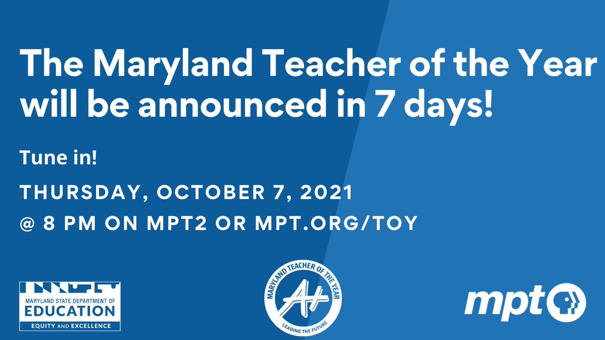 <a href="/TCPS_MD/">TCPS</a> <a href="/marylandpubtv/">Maryland Public Television</a> 24 honorees🎖️ 8 finalists🏅 1 winner🏆

Who will be named the Maryland’s 2022 Teacher of the Year &amp; go on to compete for the National title?

Help MSDE celebrate MD’s amazing teachers by tuning in to <a href="/marylandpubtv/">Maryland Public Television</a> on Oct. 7 @ 8 p.m. to find out #MDTOY22!