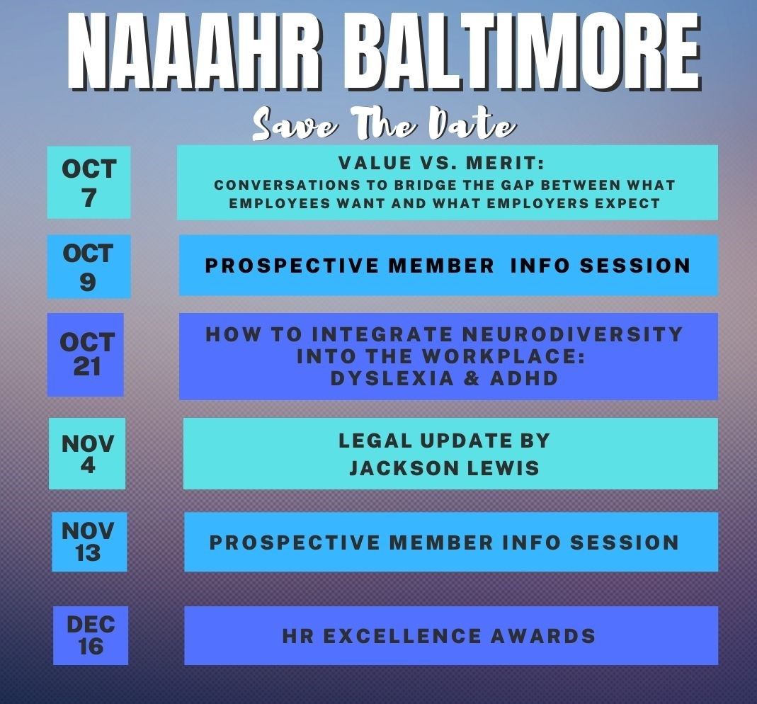NAAAHRBalt's tweet photo. Happy Friday! Before you wrap up for the week, make sure to check out #NAAAHRBalt's upcoming events. All events are free and registration is required: https://t.co/28HcQn4mE9

#NAAAHR #HR #ProfessionalDevelopment #Networking https://t.co/MkCeWVVVPb