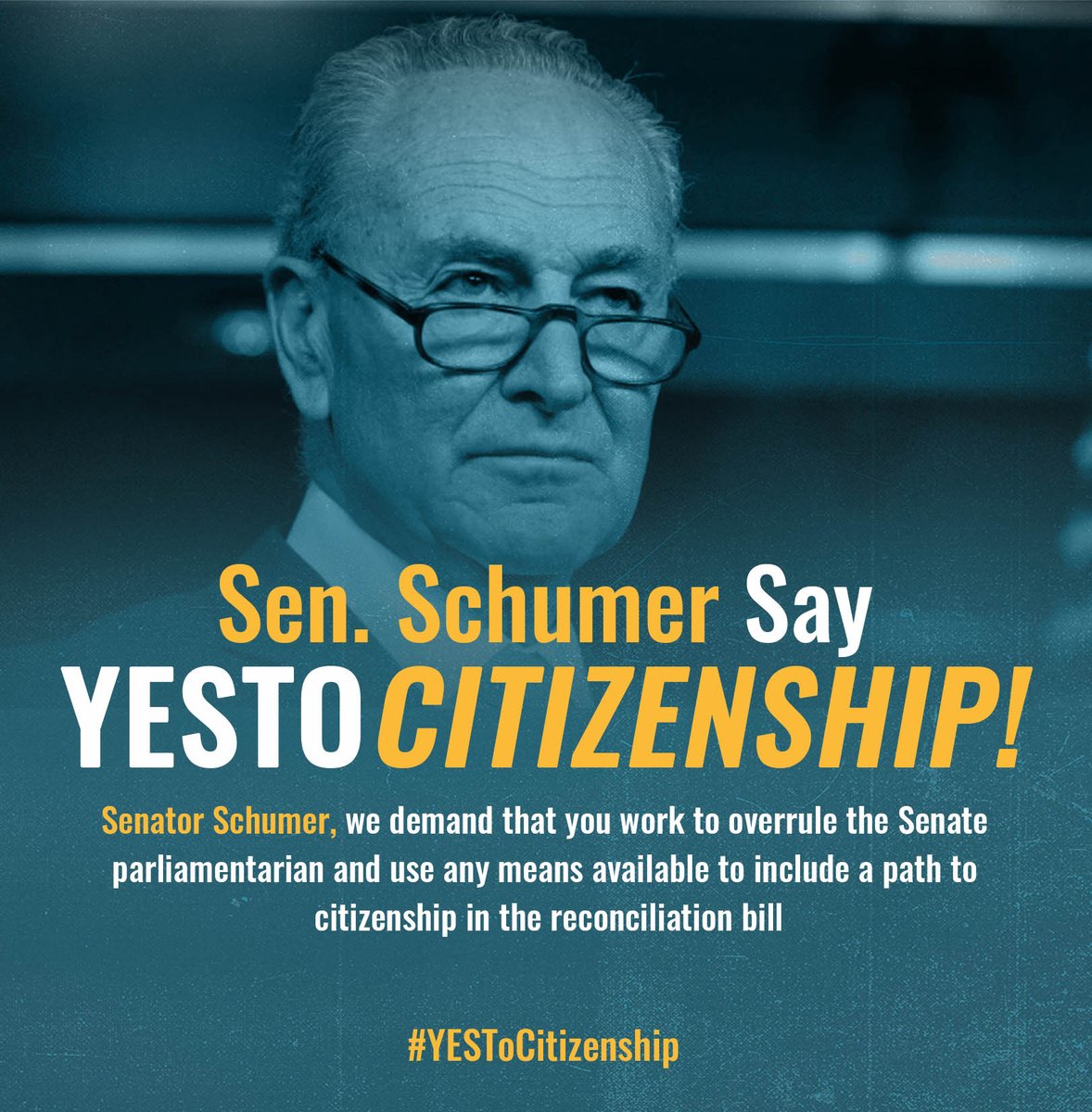 .<a href="/SenSchumer/">Chuck Schumer</a>, we meant it when we said "as many as
possible, by any means available." You must not hide behind an unelected parliamentarian to deny what the majority of Americans already support: we
need a broad #pathtocitizenship NOW!