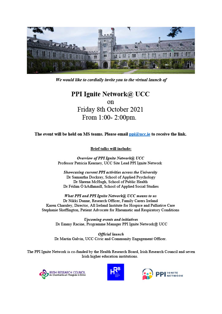 Exciting news! We are hosting a virtual launch of PPI Ignite Network@ UCC next Friday 8th of October from 1-2pm. Everyone welcome! 

The event will be held on MS teams. Email ppi@ucc.ie to receive the link. 

#ppi_ignite #ppi #publicinvolvement
