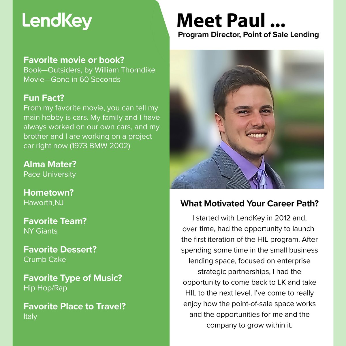 LendKey's tweet photo. We'd like to highlight Paul Borghi in our employee spotlight of the week for upholding LendKey's values: present, truthful, diligent, & helpful.
Interested in a career at Lendkey? Check out our open roles: https://t.co/YtiIlT9c73
#LendKey #employeespotlight #values https://t.co/IKlTh3fLg7
