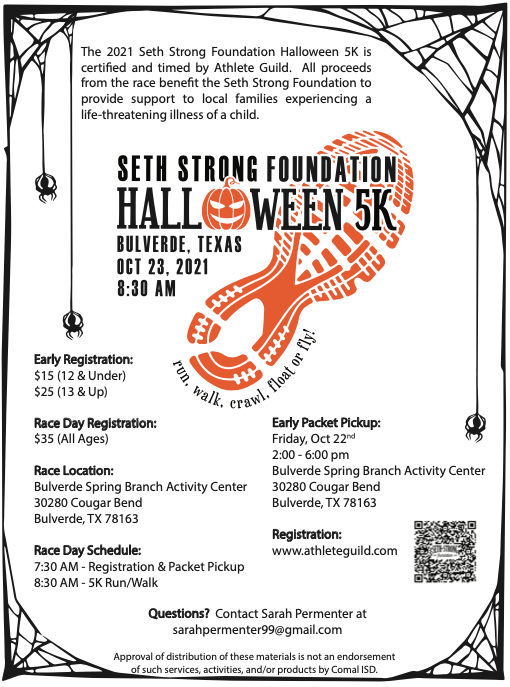 ComalFIT's tweet photo. Happy October! Help support one of CISD's own to kick off the Halloween season! All proceeds benefit the #SethStrong Foundation to provide support to local families experiencing a life-threatening illness of a child. Sign up today @ https://t.co/1Xbv9hLPr2. #ComalFit https://t.co/rKe46iNrU7