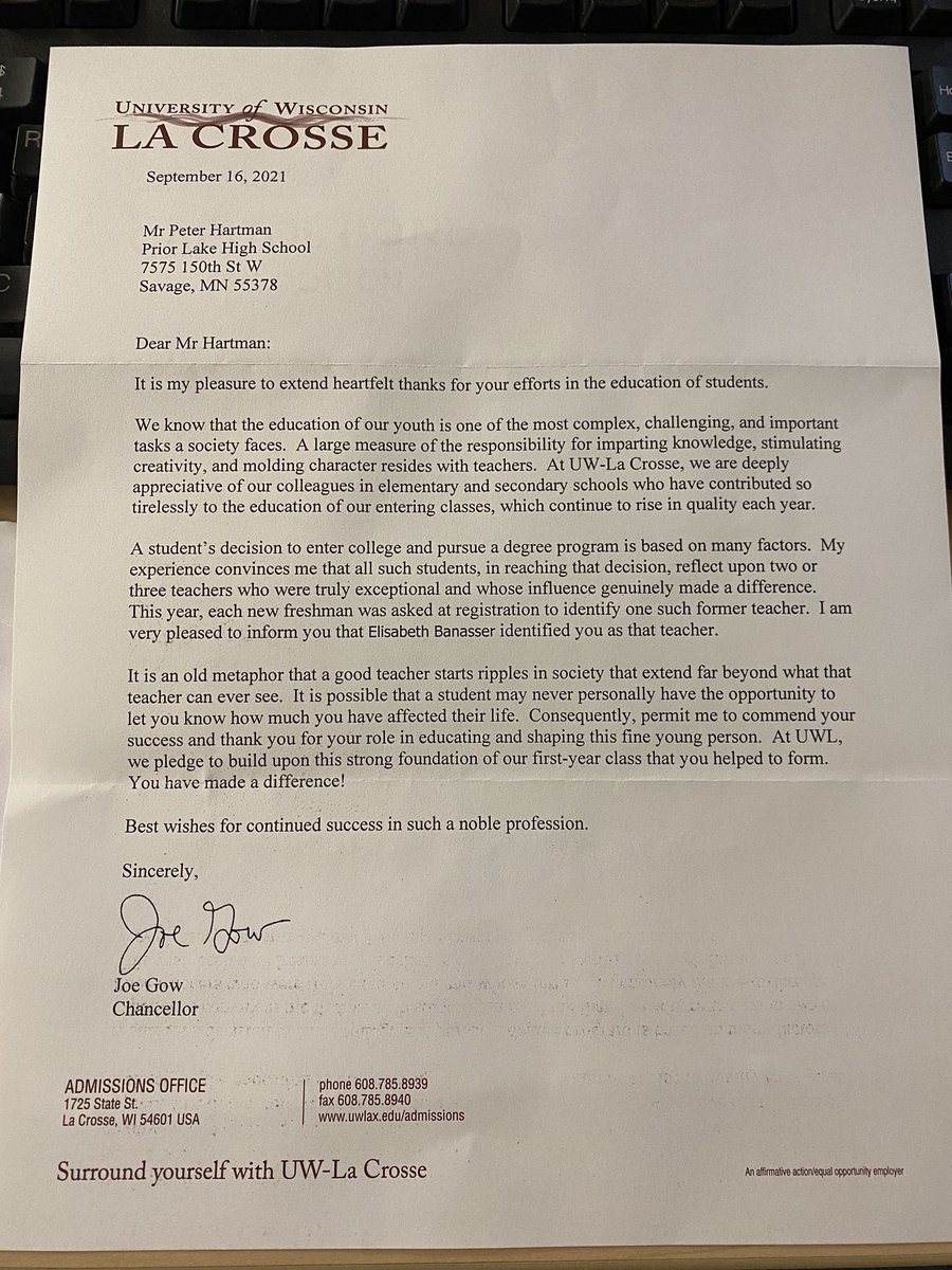 Peter Hartman (@hartmanpete) on Twitter photo This is so cool! A very nice touch by <a href="/UWLaCrosse/">UW-La Crosse</a> and special thanks to <a href="/Libby_bangasser/">Libby Bangasser</a>. THANK YOU!!! 🙌🏼 This came at a very good time… This is so cool! A very nice touch by <a href="/UWLaCrosse/">UW-La Crosse</a> and special thanks to <a href="/Libby_bangasser/">Libby Bangasser</a>. THANK YOU!!! 🙌🏼 This came at a very good time…