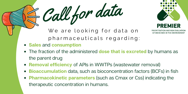PREMIERProject6's tweet image. 📢We have launched a #CallforData to identify APIs that are suspected to cause a high environmental risk. Help us prioritising these APIs by contributing with your data. See below the data types we are looking for👇imi-premier.eu/premier-call-f…