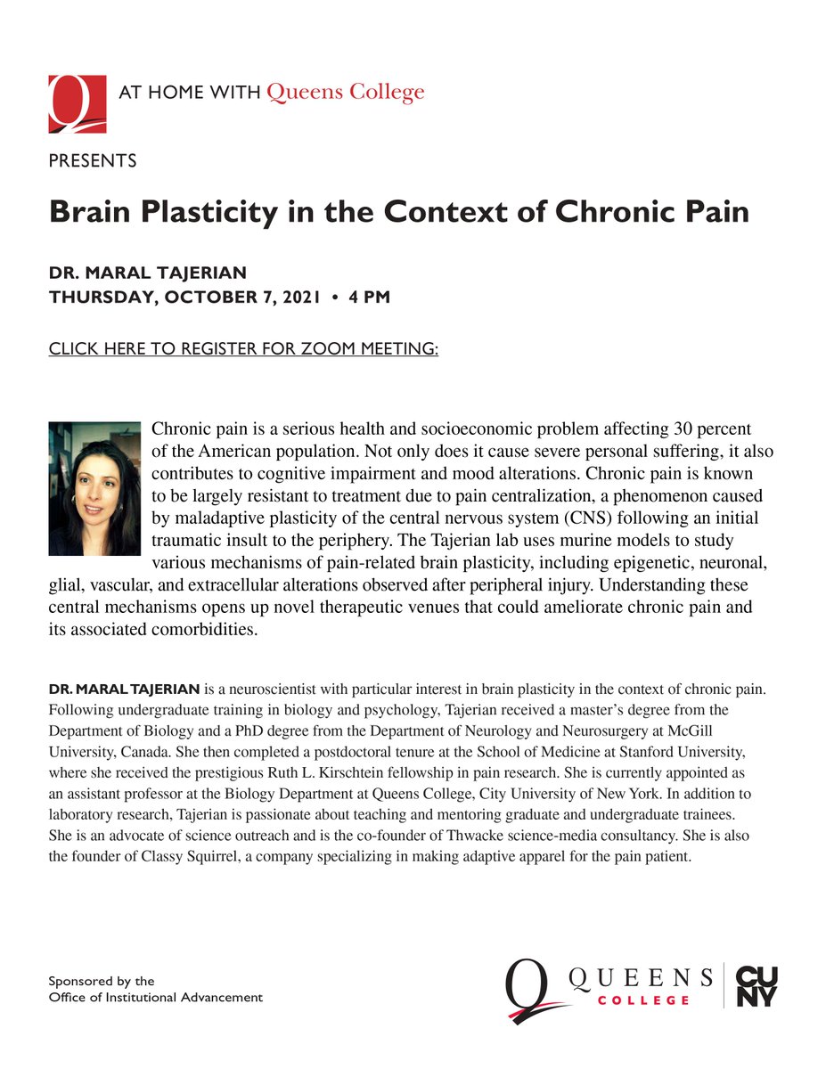 Maral Tajerian (@maraltajerian) on Twitter photo Excited to share my work on #ChronicPain #BrainPlasticity <a href="/QC_News/">Queens College | The City University of New York</a> #TajerianLab next Thursday 10/04/21 at 4pm. Please follow the link to register: us02web.zoom.us/meeting/regist… Excited to share my work on #ChronicPain #BrainPlasticity <a href="/QC_News/">Queens College | The City University of New York</a> #TajerianLab next Thursday 10/04/21 at 4pm. Please follow the link to register: us02web.zoom.us/meeting/regist…