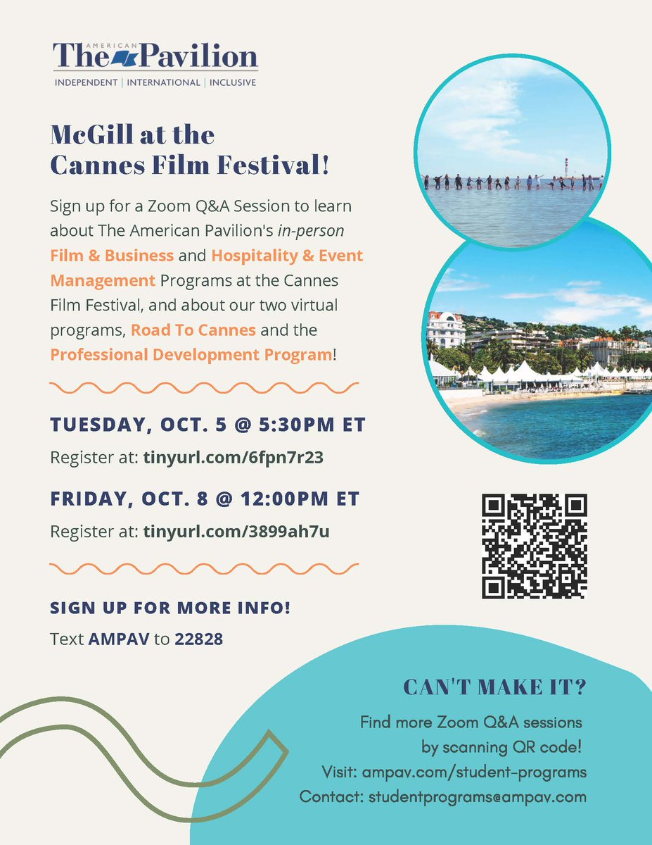 Sign up for a Zoom Q&amp;A Session to learn about The American Pavilion's in-person Film &amp; Business and Hospitality &amp; Event Management Programs at the Cannes Film Festival, and about our two virtual programs, Road To Cannes and the Professional Development Program.