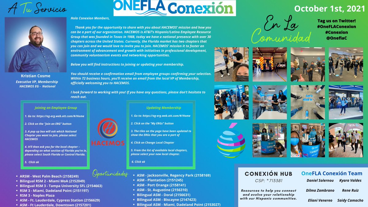 The newest edition of the OneFLA Conexión newsletter! Thank you <a href="/KC_Otown/">Kristian (He/Him)</a> for contributing.

Review the information and if it is right for you, follow the instruction to join HACEMOS - The AT&amp;T Hispanic/Latin ERG 💪💪💪#HispanicHeritageMonth
<a href="/One_FLA/">OneFLA</a> #OneFLAConexion