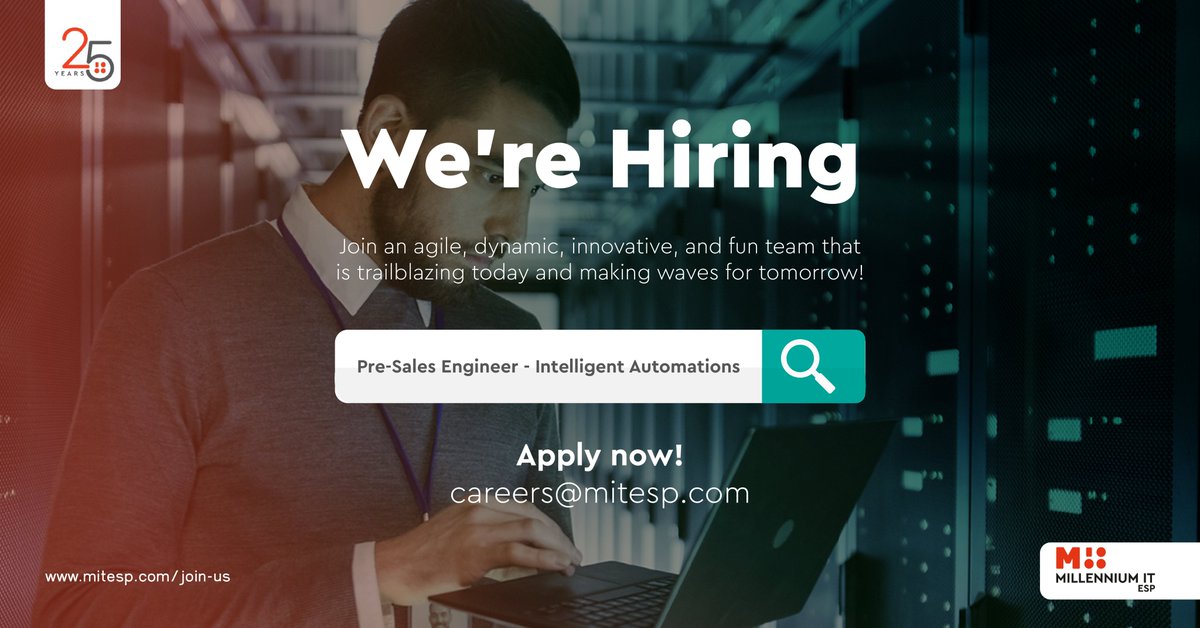 MillenniumITESP's tweet photo. We're expanding our #IntelligentAutomations Team and we're looking for:
- A Pre-Sale Engineer. For more info: https://t.co/CPFdUAw6mJ
- A Solutions Engineer. For more info: https://t.co/MXQXp8tgre
#MITESP #VacancyAlert #PreSalesEngineer #SolutionsEngineer #EnterpriseIT https://t.co/35UDU1X5o2