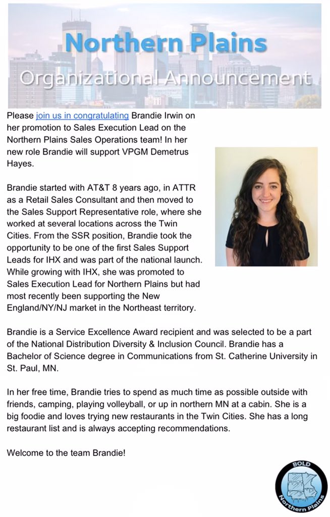 Change is in the air! New season, new career move. 🍂

So grateful for the opportunity to be back in the <a href="/BOLDNP/">BOLD Northern Plains</a> market and joining this exceptional Ops team! Nothing but big and BOLD adventures ahead. ✨ #LifeatAtt