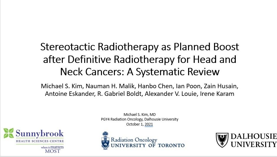 Nauman Malik (نعمان) (@naummalik) on Twitter photo Dr. <a href="/michaelkimMD/">Dr. Michael Kim</a> presenting our work at #CARO2021 looking at SBRT use in H&N cancers as a boost after definitive radiotherapy.
For now, we recommend its use only in clinical trial setting.
Manuscript coming soon.
<a href="/DalhousieU/">Dalhousie University</a> <a href="/UofTDRO/">Radiation Oncology</a> <a href="/caro_acro_ca/">CARO-ACRO</a> Dr. <a href="/michaelkimMD/">Dr. Michael Kim</a> presenting our work at #CARO2021 looking at SBRT use in H&N cancers as a boost after definitive radiotherapy.
For now, we recommend its use only in clinical trial setting.
Manuscript coming soon.
<a href="/DalhousieU/">Dalhousie University</a> <a href="/UofTDRO/">Radiation Oncology</a> <a href="/caro_acro_ca/">CARO-ACRO</a>