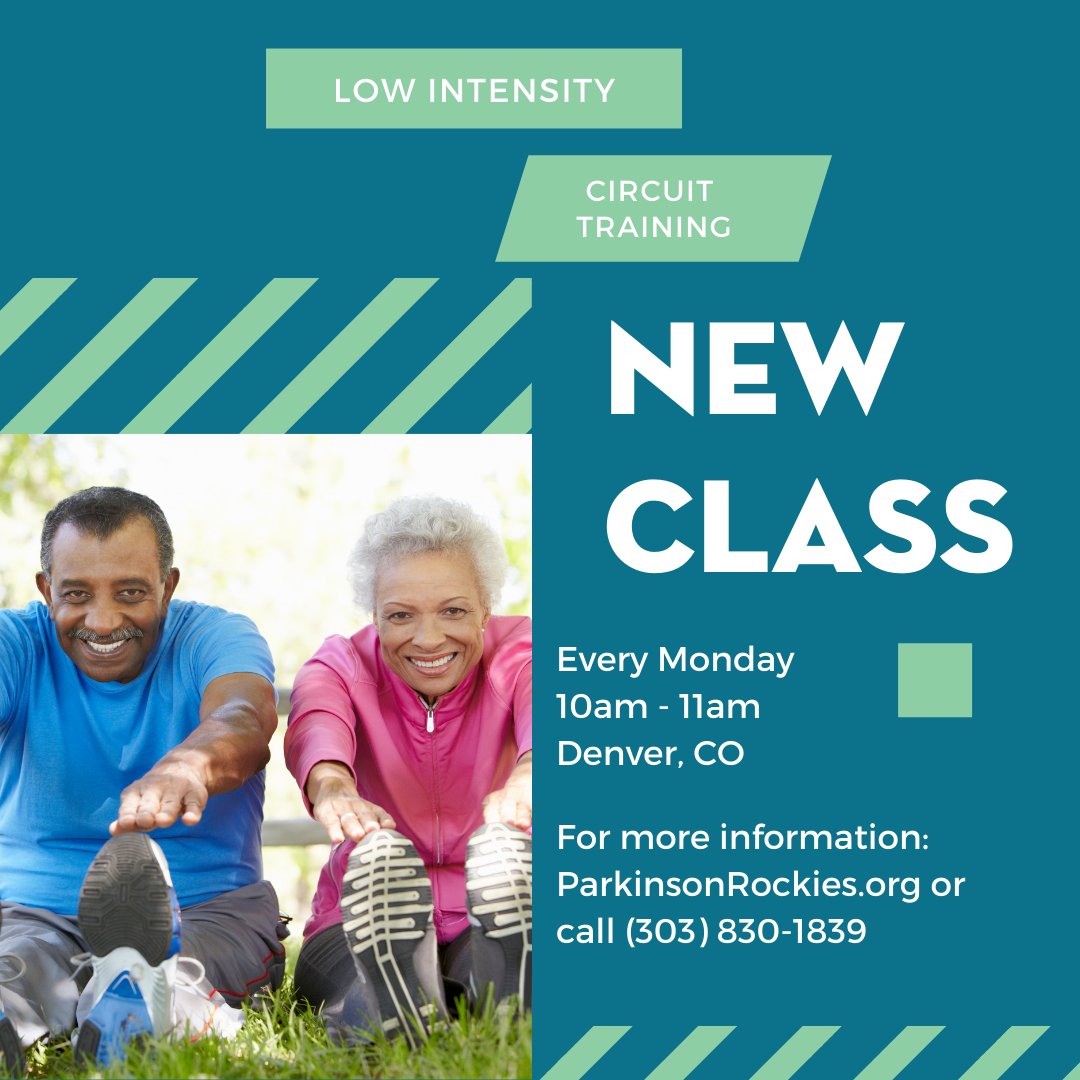 We are offering a new Low Intensity Circuit Training class, that will meet
in-person.

Mondays | 10:00am - 11:00am

Highlands United Methodist Church 
3131 Osceola St. Fellowship Hall, Denver, CO. 

Learn more at Parkinsonrockies.org or call (303) 830-1839